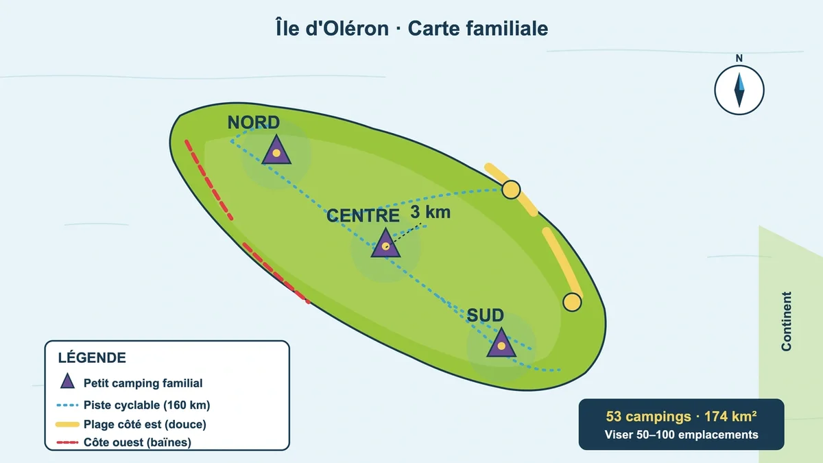 Carte stylisée d'Oléron montrant plages, pistes cyclables et emplacements de camping