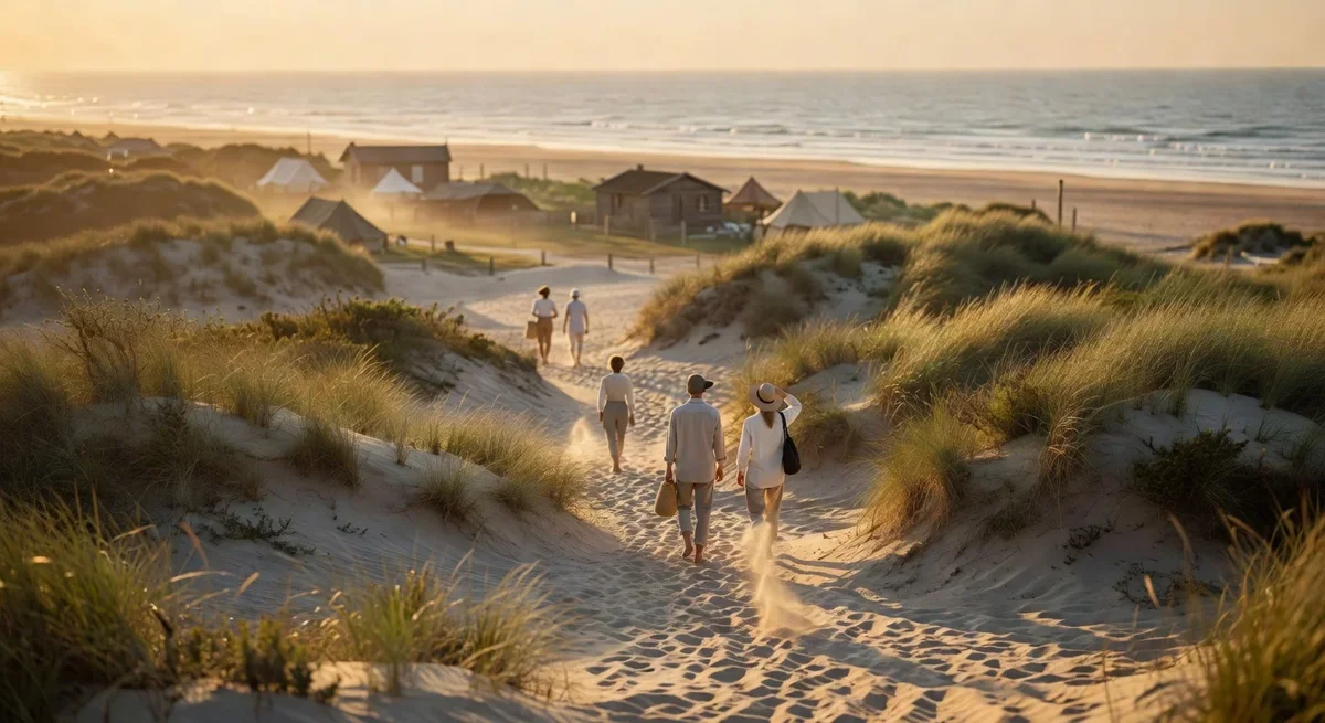 Paysage d'Oléron avec le camping Anse des Pins et des personnes marchant vers la plage sur un sentier de dune