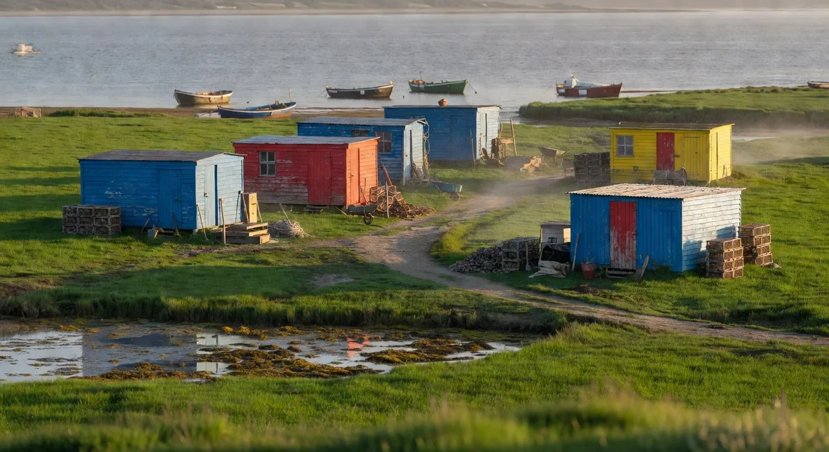 Cabanes ostréicoles colorées sur la côte est de l'île d'Oléron entourées de marais verdoyants
