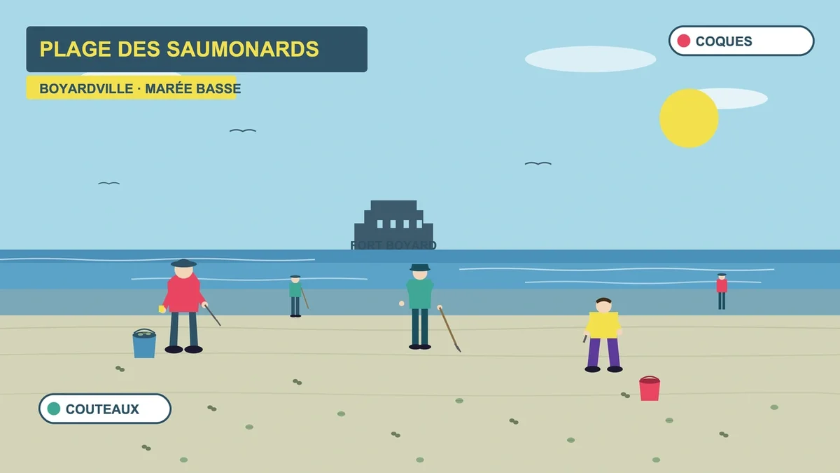 Pêcheurs sur la plage des Saumonards, explorant l'estran à marée basse pour trouver coquillages et couteaux
