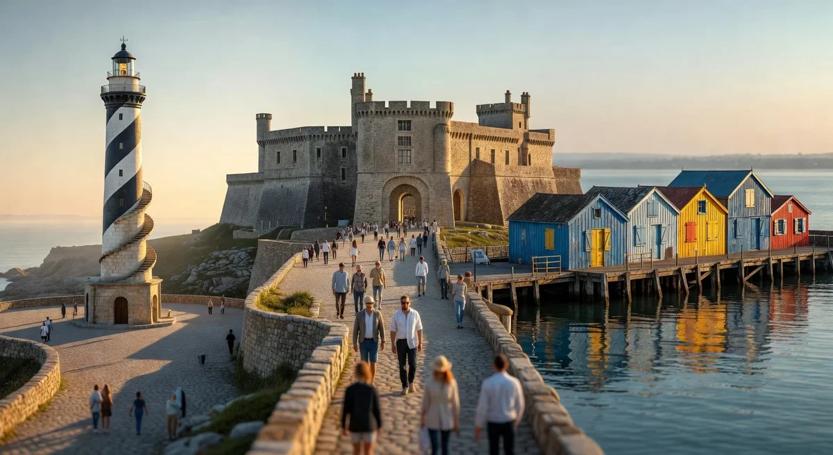Phare de Chassiron, citadelle du Château d'Oléron et cabanes ostréicoles colorées sur l'île d'Oléron