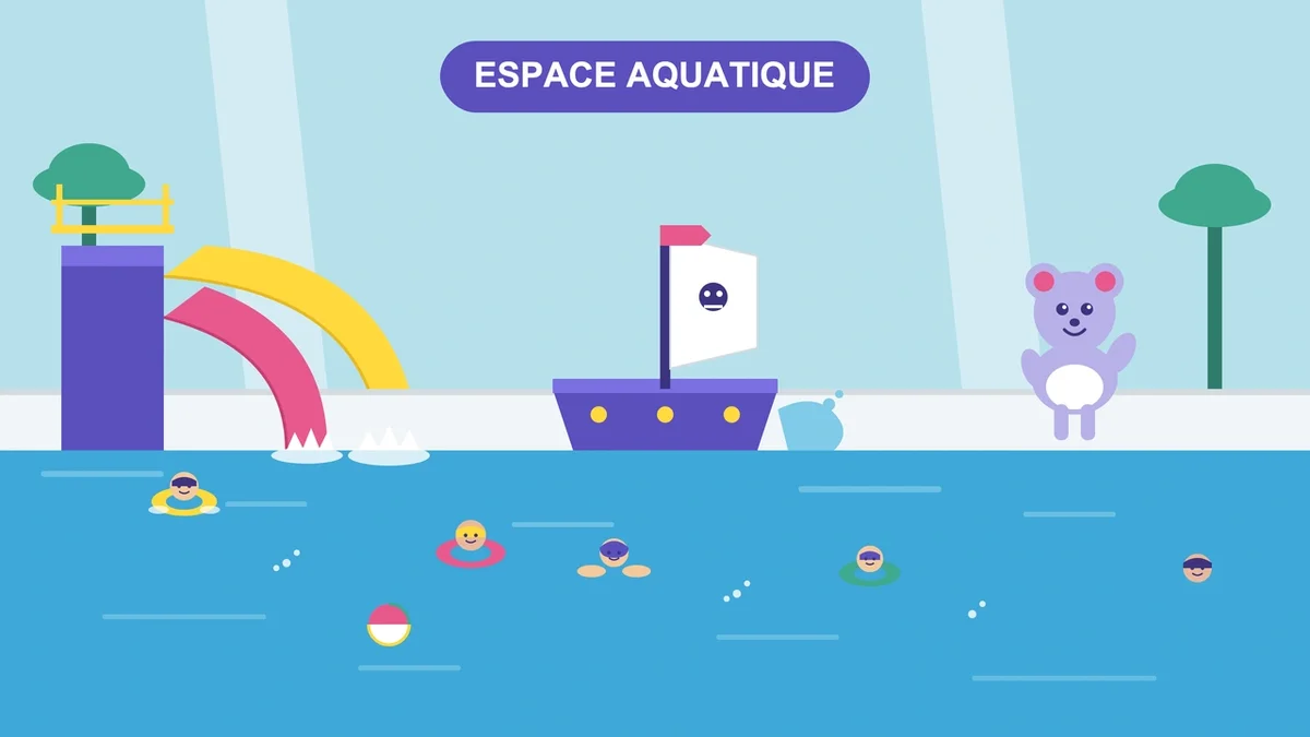 Espace aquatique d'un camping avec piscine chauffée, toboggans et enfants jouant avec une mascotte