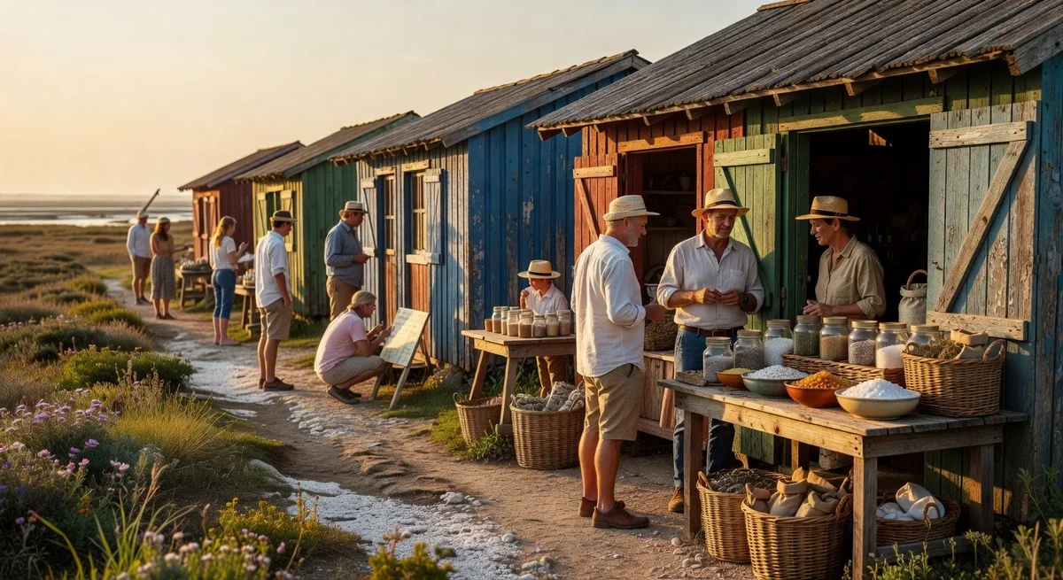 Écomusée sur un marais salant avec cabanes colorées et visiteurs découvrant des produits locaux