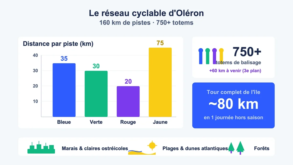 Graphique illustrant les itinéraires cyclables de l'île avec totems colorés et paysages variés