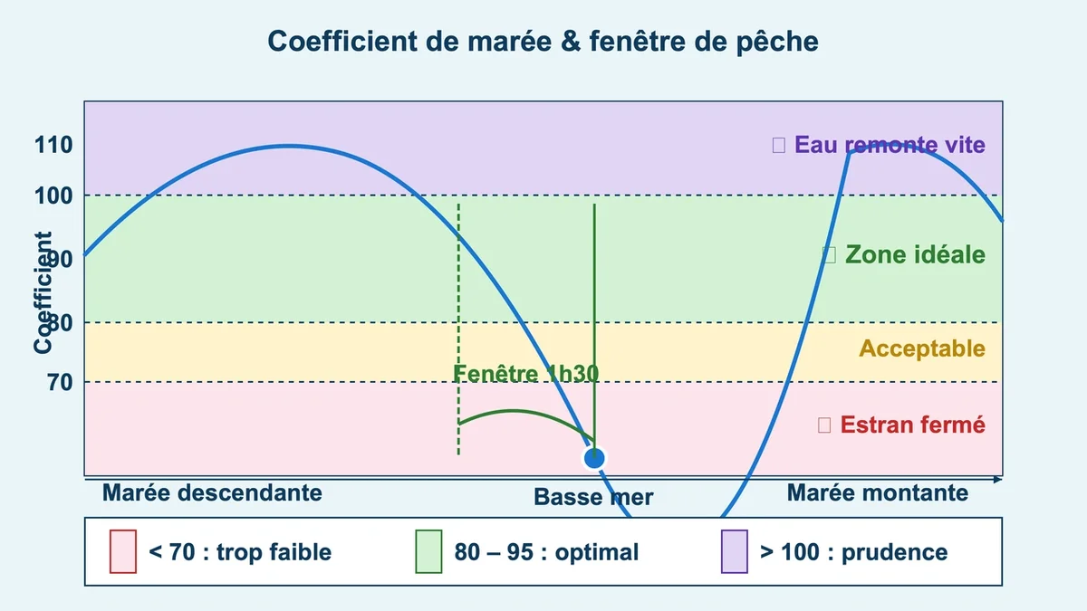 Schéma illustrant le concept de marée avec zones d'accès et moments de pêche à pied