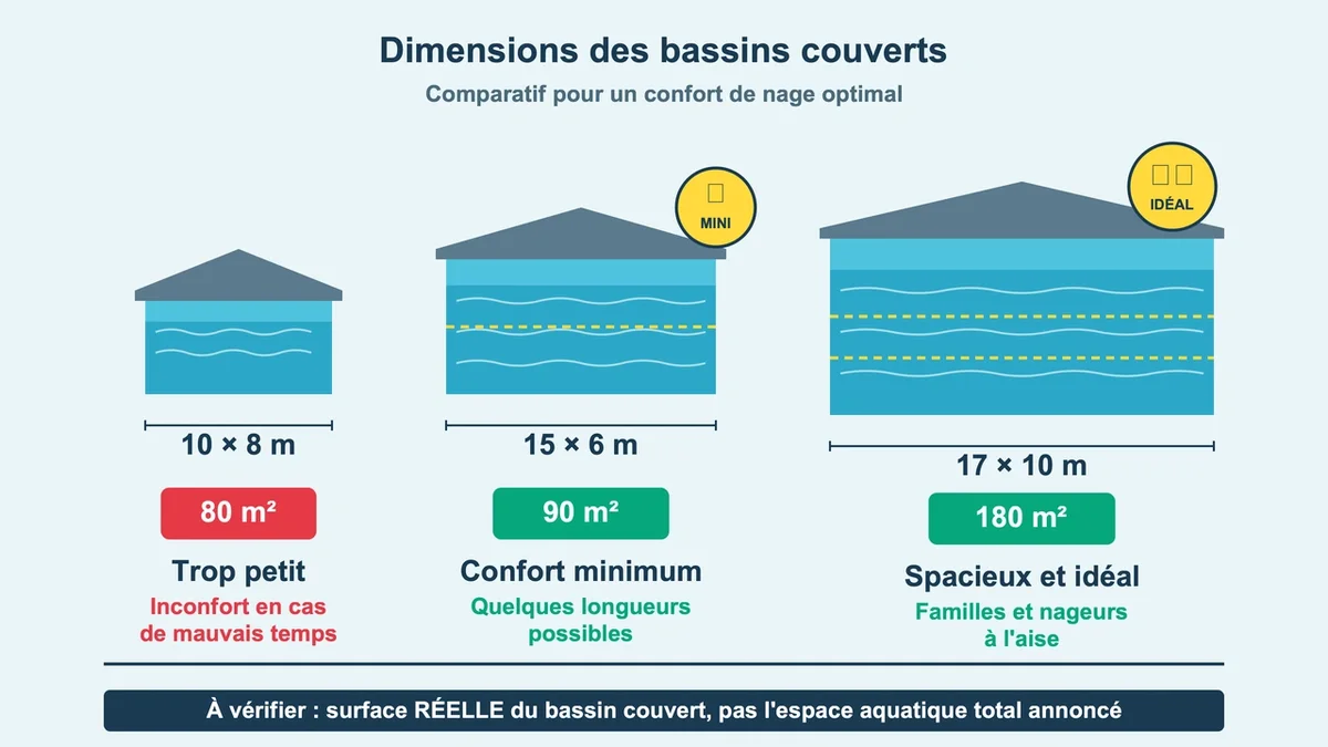 Schéma comparatif des dimensions de bassins couverts pour un confort de nage optimal