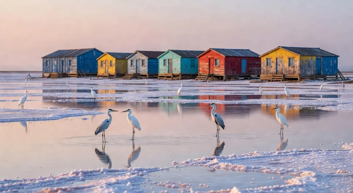 Marais salants d'Oléron avec cabanes ostréicoles colorées et oiseaux sur fond de paysage paisible
