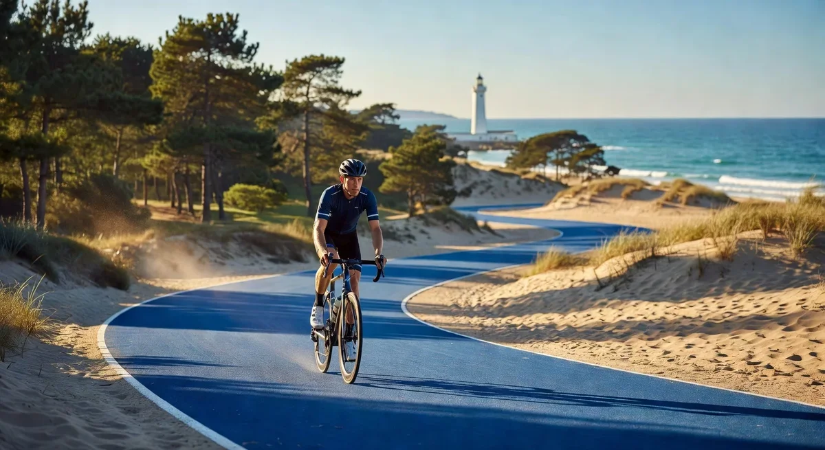 Cycliste sur la piste bleue d'Oléron avec paysages marins, dunes et phare sous le soleil