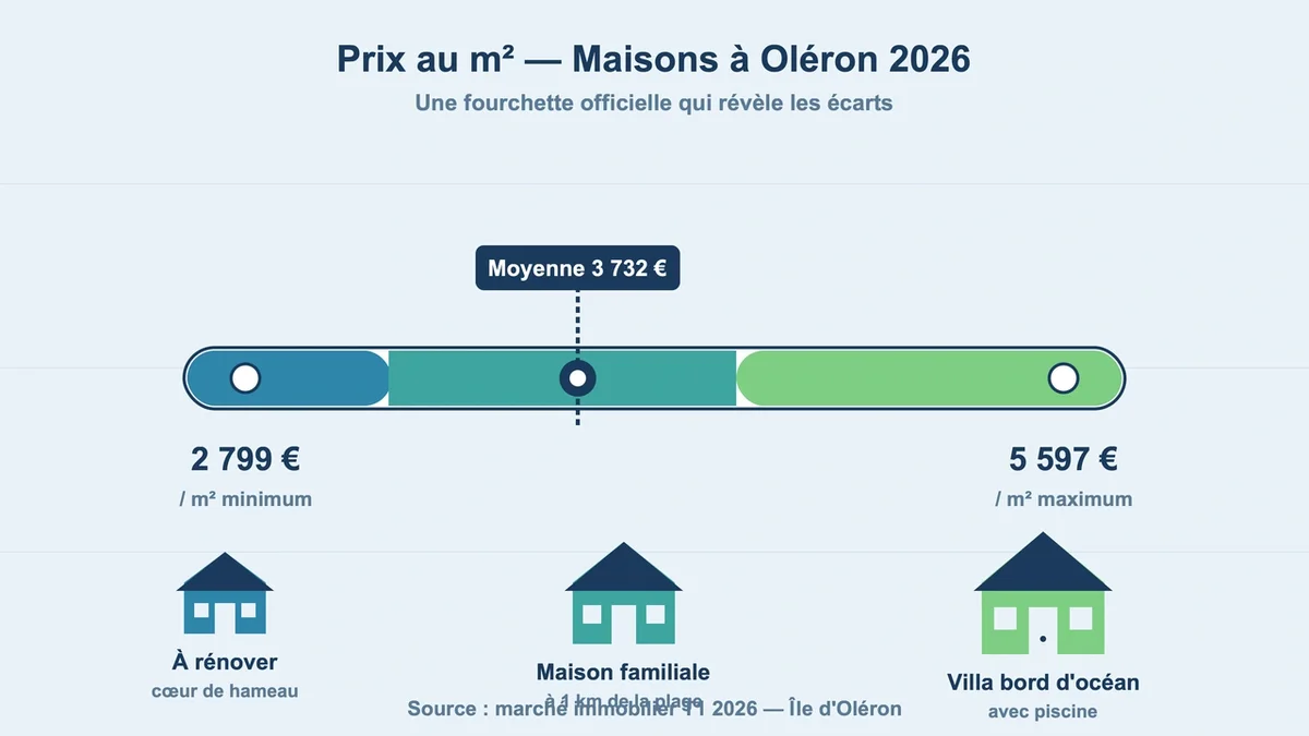 Graphique montrant l'évolution des prix des maisons sur l'île d'Oléron en 2026 selon leur état et localisation