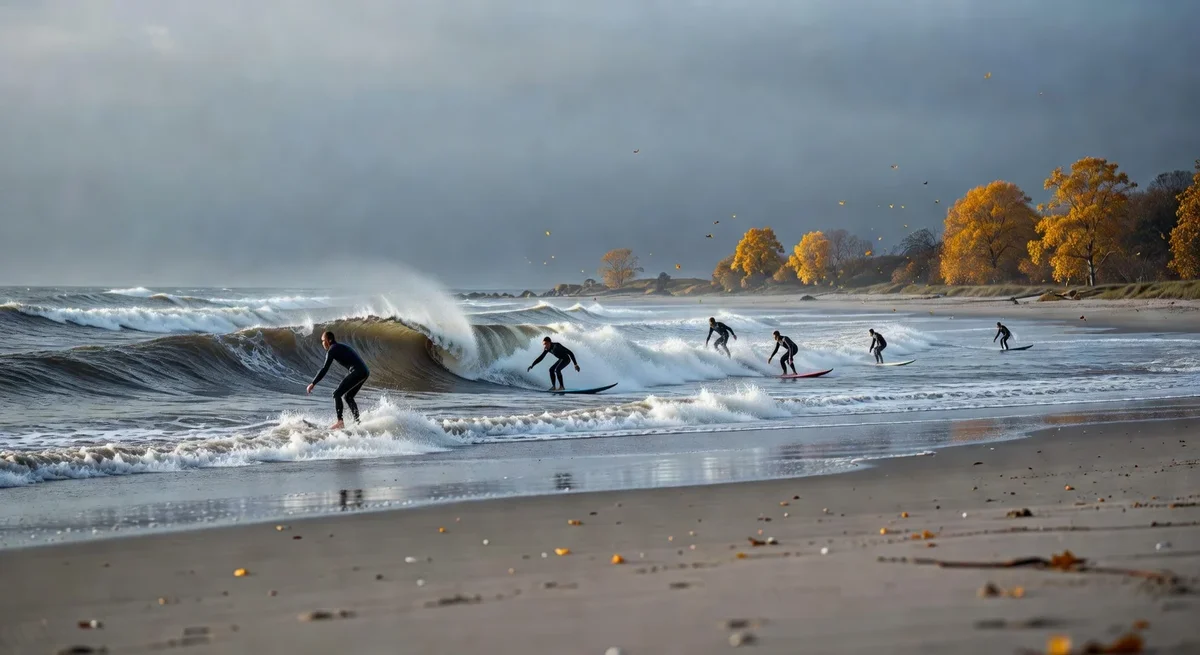 Surfeurs attrapant des vagues de plus de 2 mètres à Vert Bois au cœur d'un paysage automnal