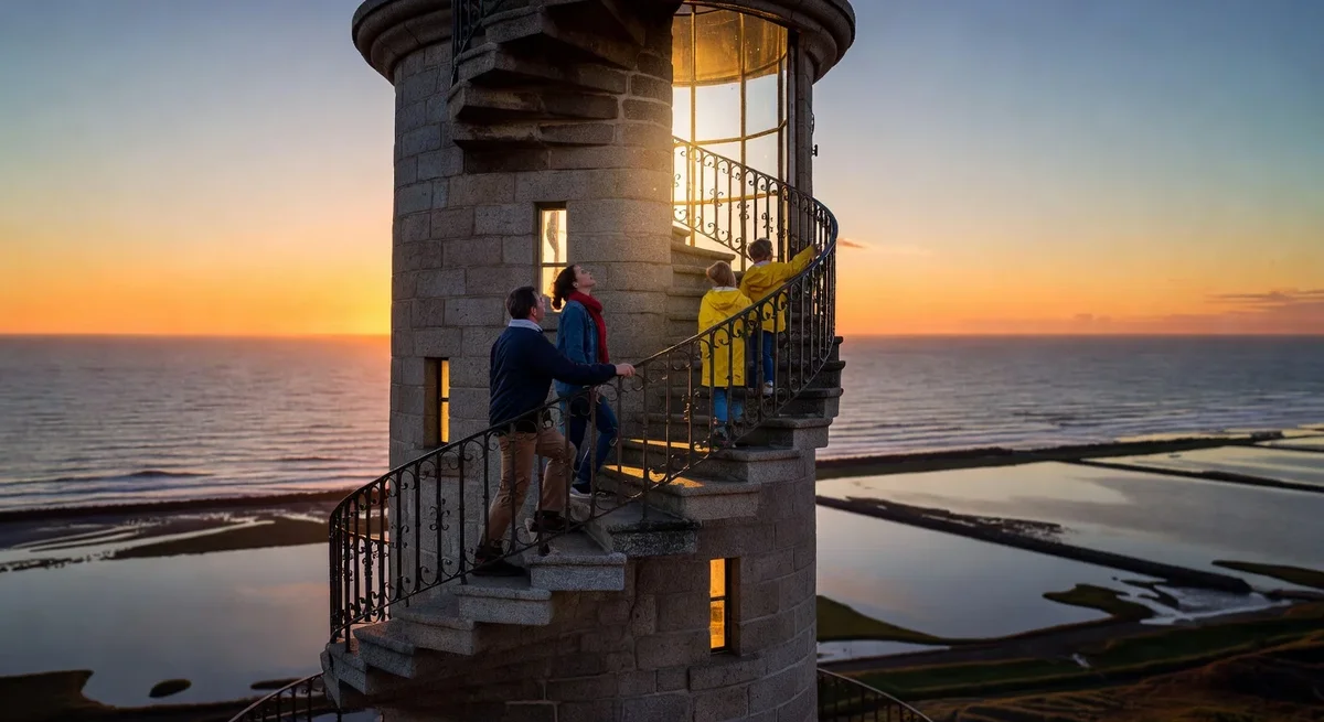 Visiteurs grimpant les escaliers du phare de Chassiron avec vue sur l'océan au coucher du soleil
