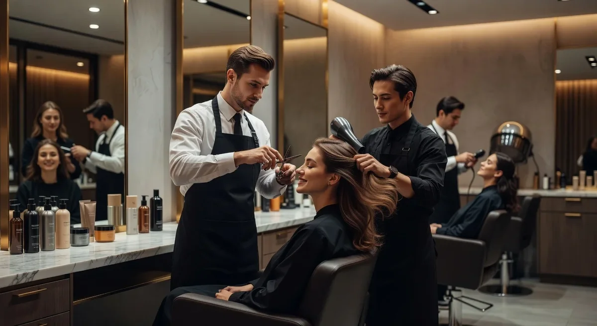 Salon de coiffure moderne avec coiffeurs au travail et clients satisfaits en arrière-plan