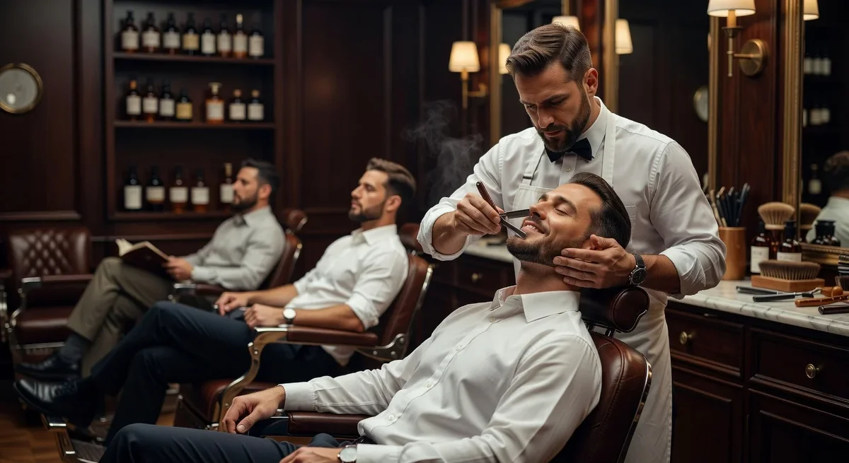 Salon de barbier élégant avec coiffeur en train d'offrir un rasage traditionnel à un client détendu