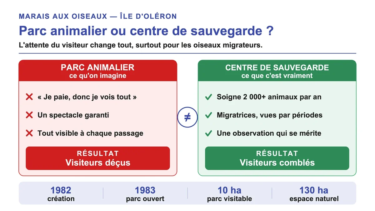 Schéma comparant un parc animalier et un centre de sauvegarde pour la faune sauvage